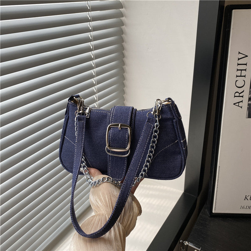 Denim Buckle Shoulder Bag With Chain Handle - Deep-Blue