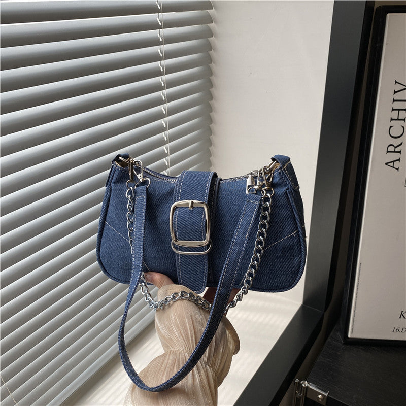 Denim Buckle Shoulder Bag With Chain Handle - Light-Blue