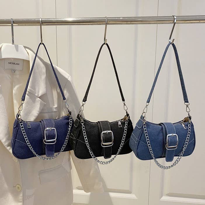 Denim Buckle Shoulder Bag With Chain Handle