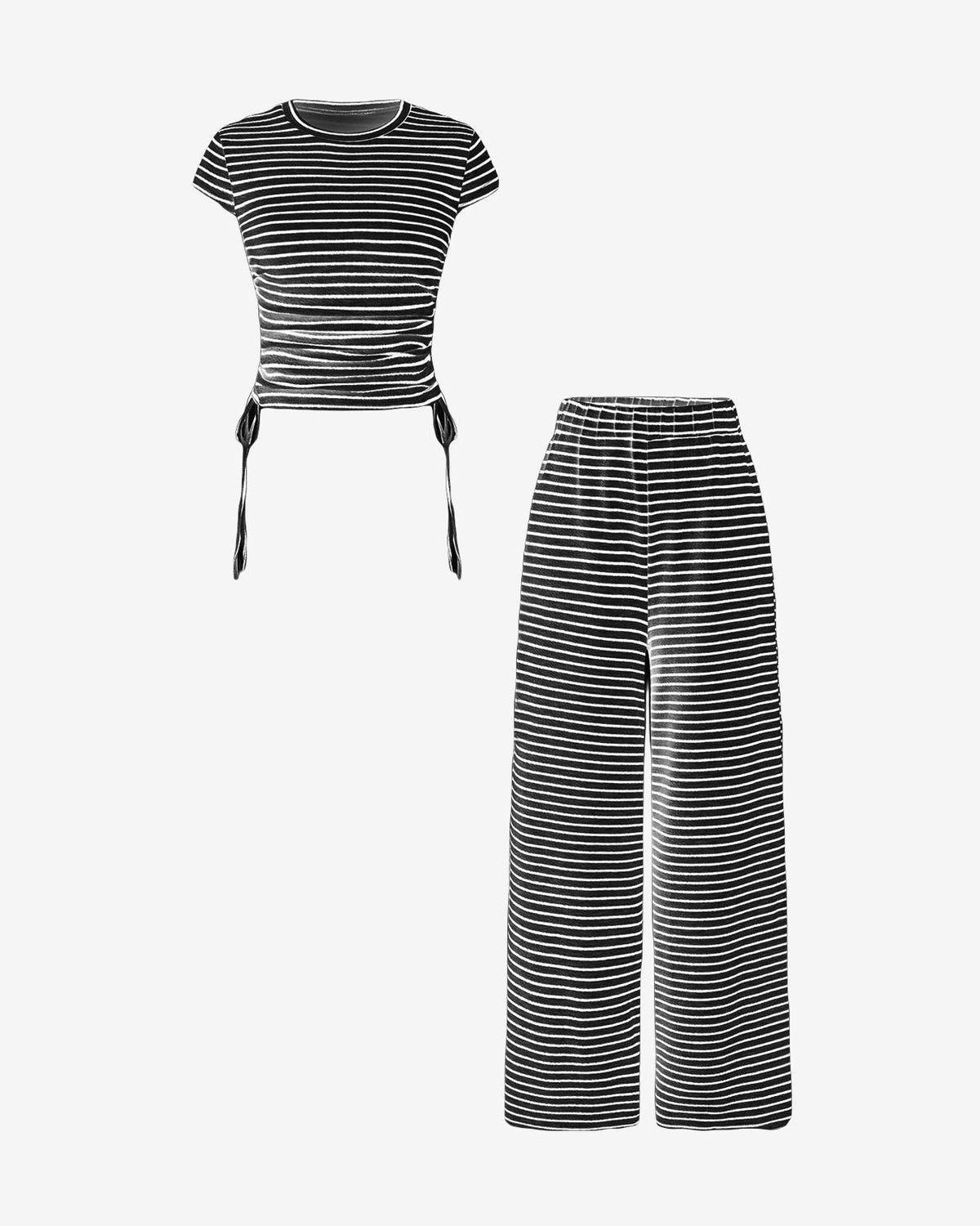 Striped Cap Sleeve Top Wide Leg Pants Set - Black