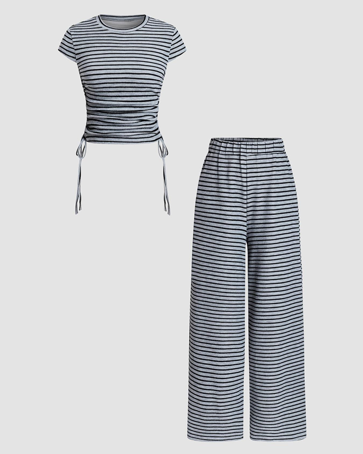 Striped Cap Sleeve Top Wide Leg Pants Set - Navy-Blue