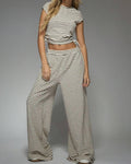 Striped Cap Sleeve Top Wide Leg Pants Set - Off-White