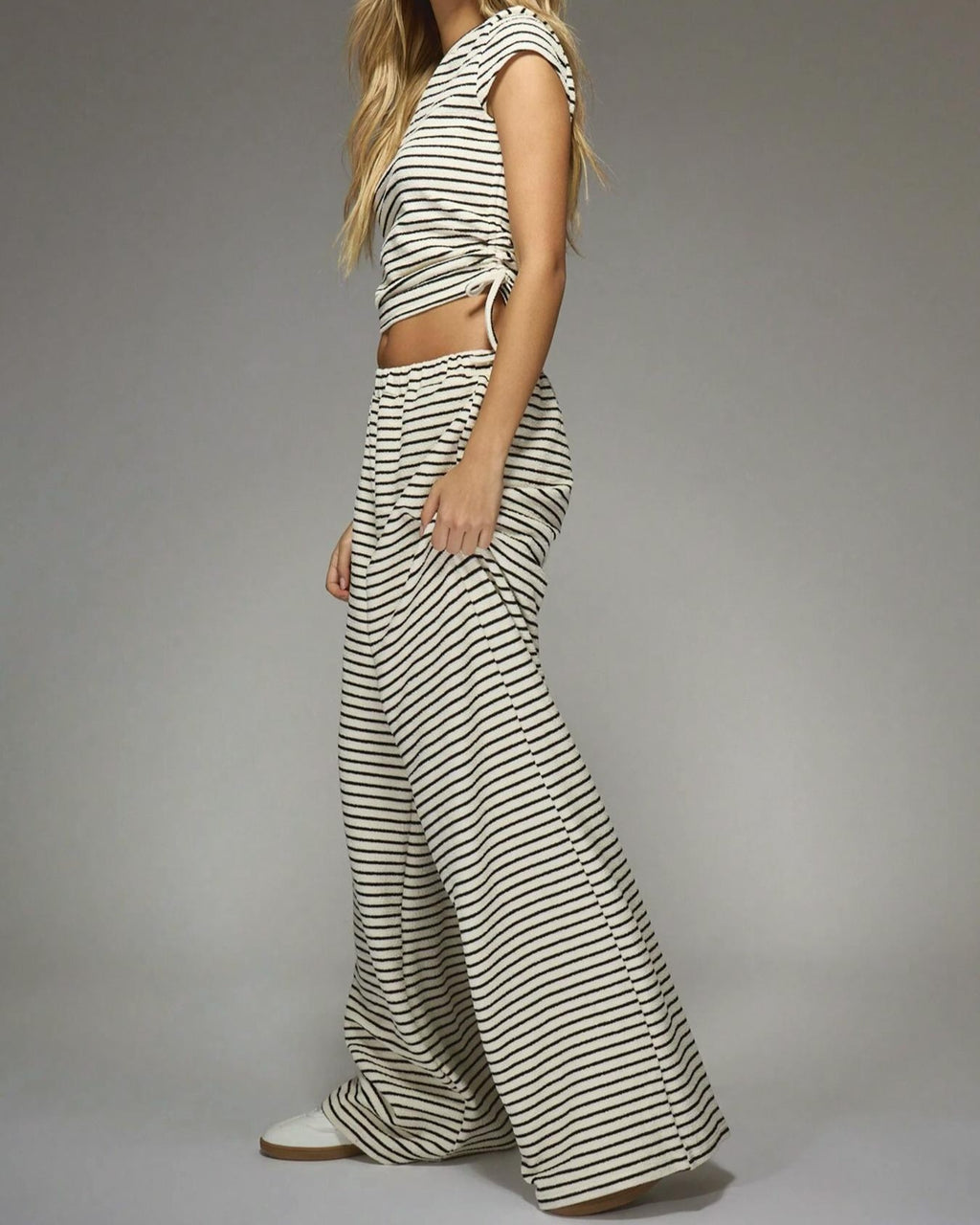 Striped Cap Sleeve Top Wide Leg Pants Set - Off-White - 1