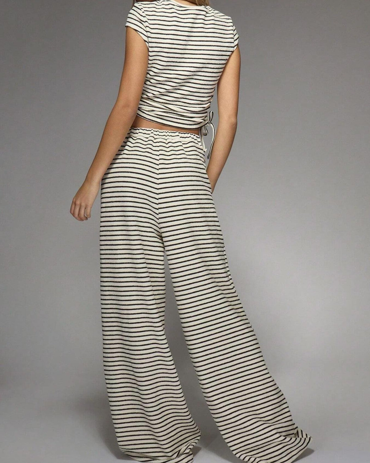 Striped Cap Sleeve Top Wide Leg Pants Set - Off-White - 2