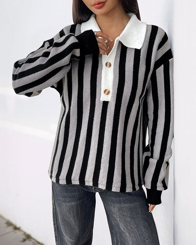 Vertical Stripe Collared Knit Polo Sweater - Gray