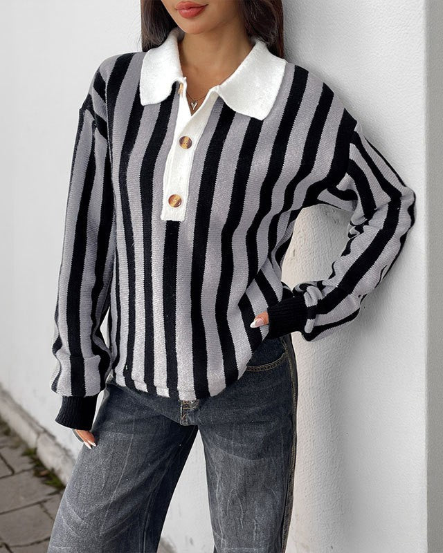 Vertical Stripe Collared Knit Polo Sweater - Gray - 1