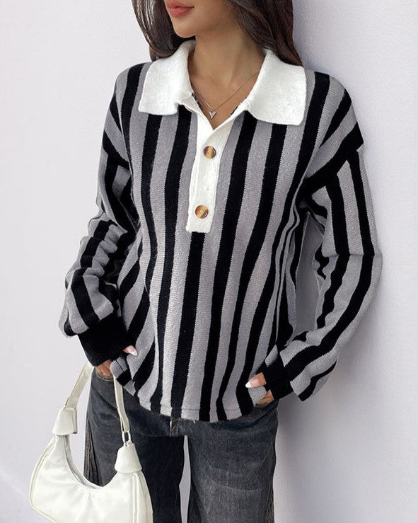 Vertical Stripe Collared Knit Polo Sweater - Gray - 2