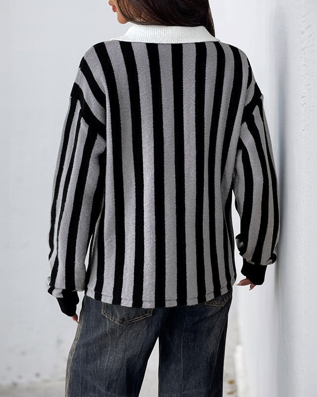 Vertical Stripe Collared Knit Polo Sweater - Gray - 3
