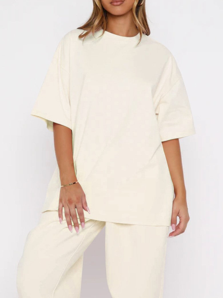 Oversized Tee and Wide Leg Pants Two Piece Set - Beige