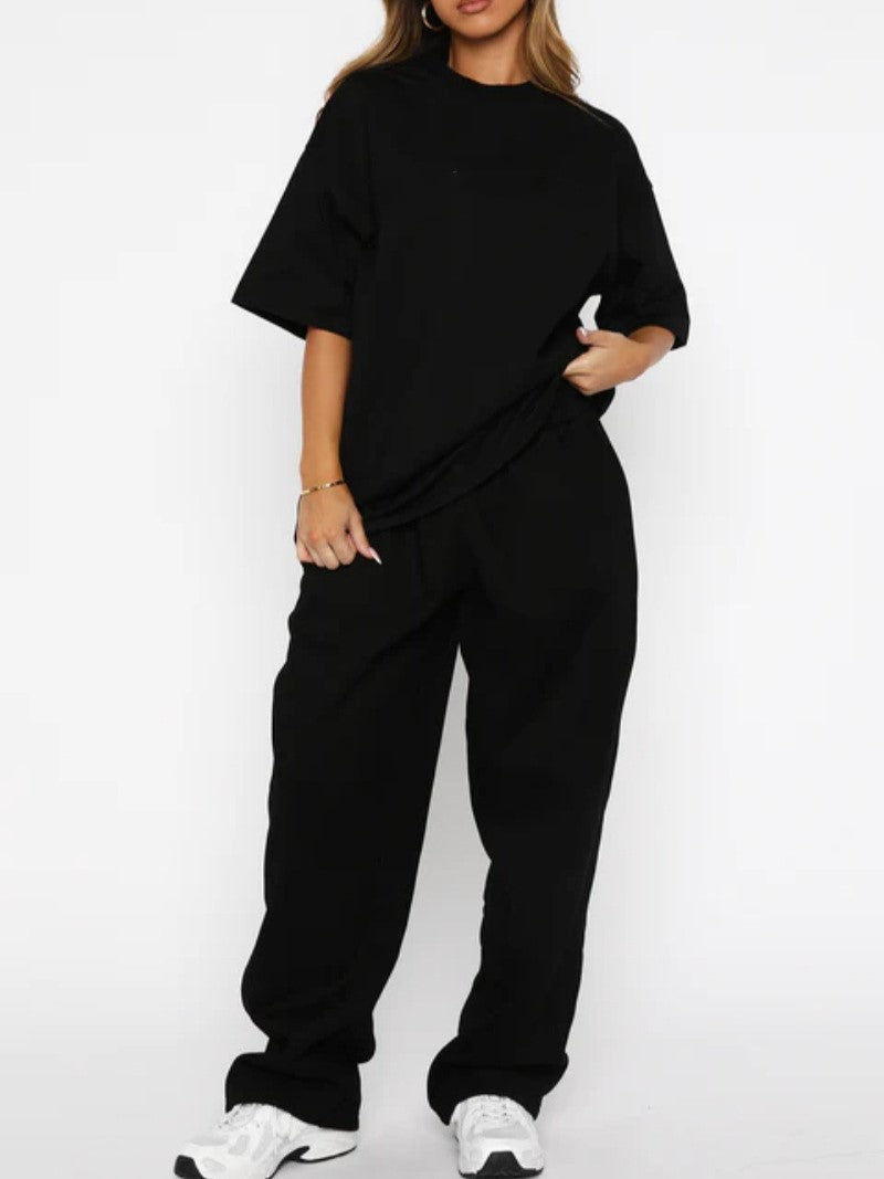 Oversized Tee and Wide Leg Pants Two Piece Set - Black - 1
