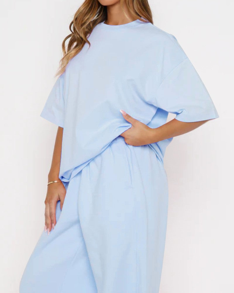 Oversized Tee and Wide Leg Pants Two Piece Set - Blue - 1