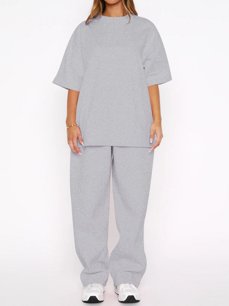 Oversized Tee and Wide Leg Pants Two Piece Set - Gray