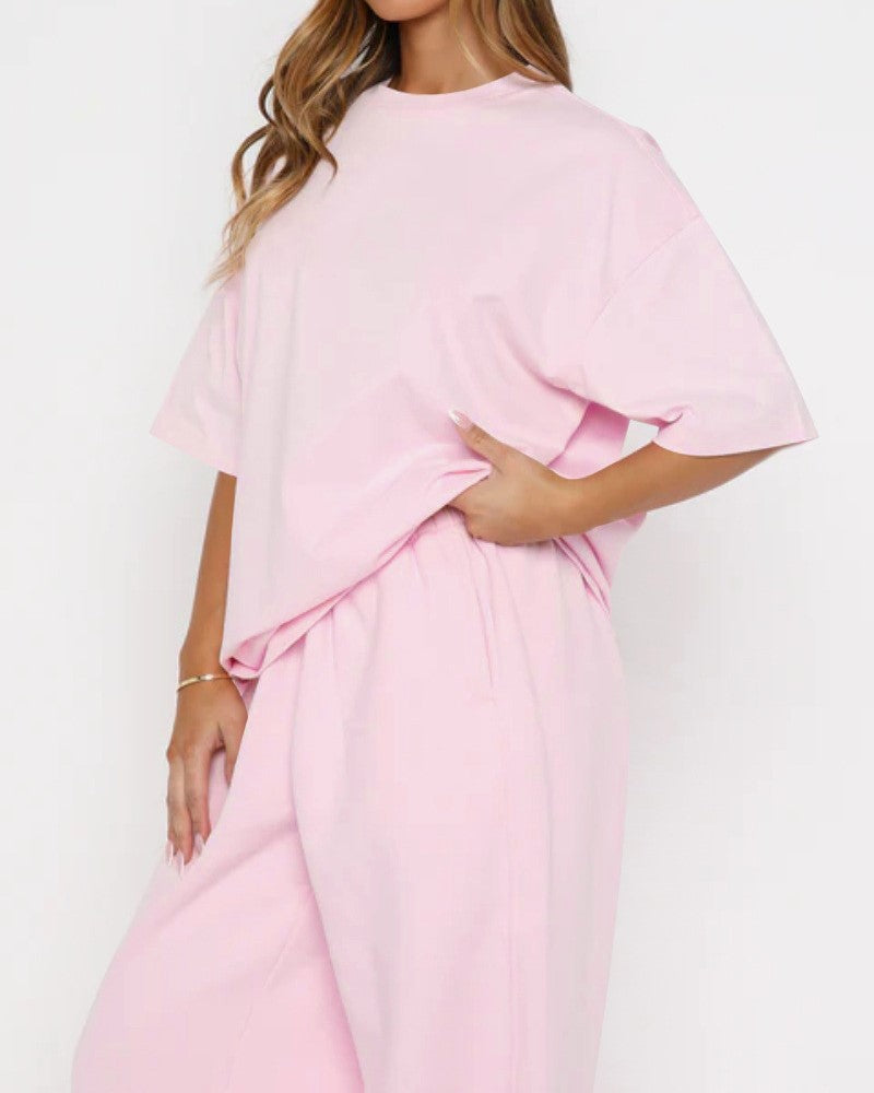 Oversized Tee and Wide Leg Pants Two Piece Set - Pink