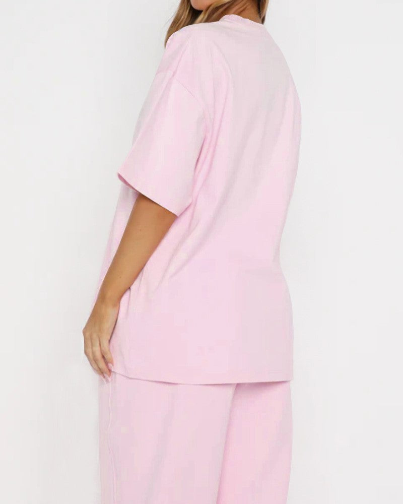 Oversized Tee and Wide Leg Pants Two Piece Set - Pink - 1