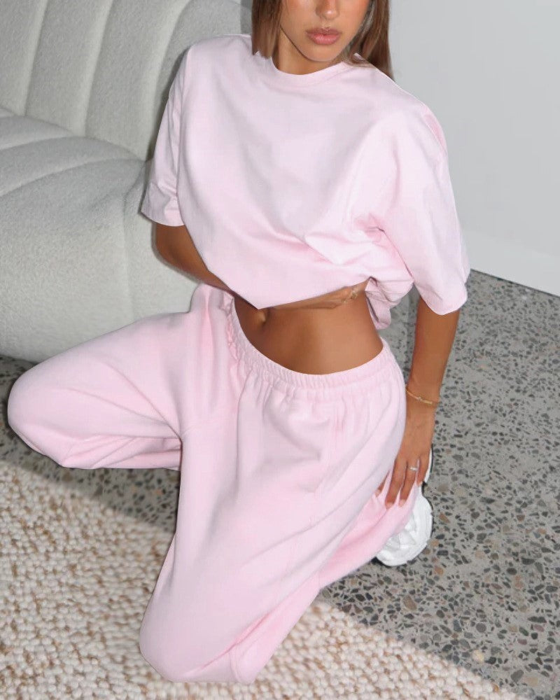 Oversized Tee and Wide Leg Pants Two Piece Set - Pink - 2