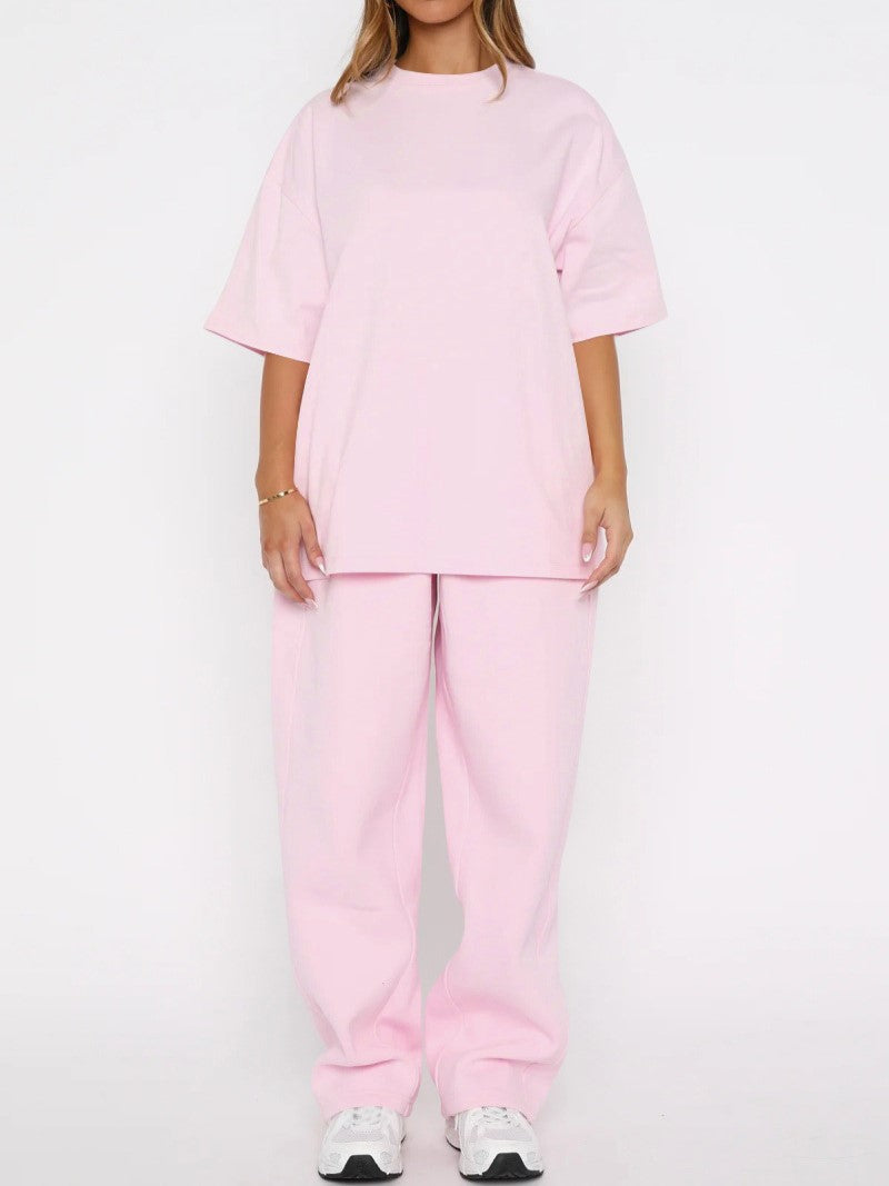 Oversized Tee and Wide Leg Pants Two Piece Set - Pink - 4