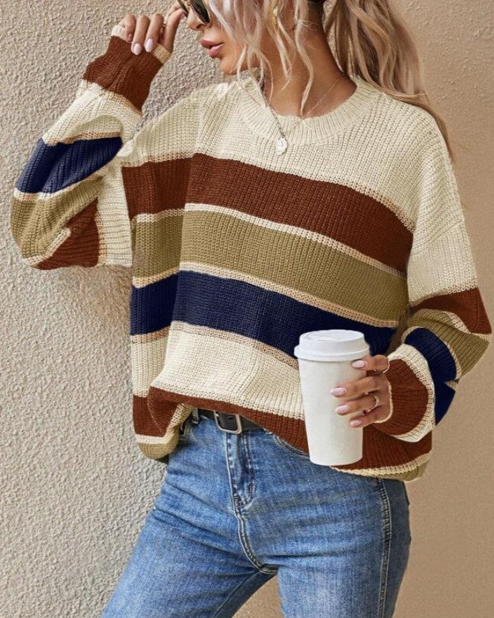 Contrast Stripe Drop Shoulder Knit Sweater - Apricot