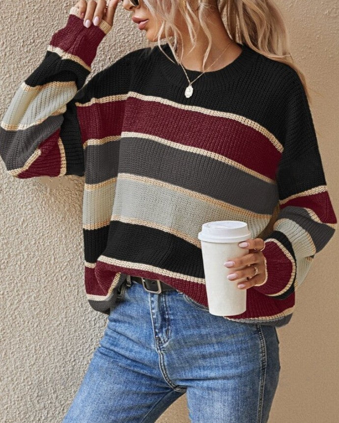 Contrast Stripe Drop Shoulder Knit Sweater - Black
