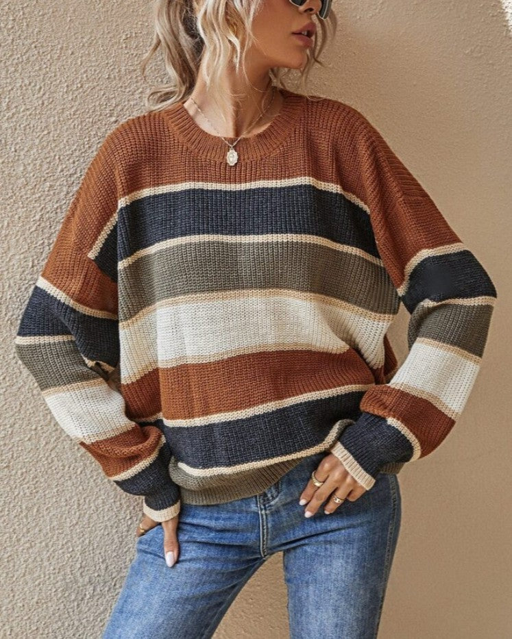 Contrast Stripe Drop Shoulder Knit Sweater - Dark-Brown