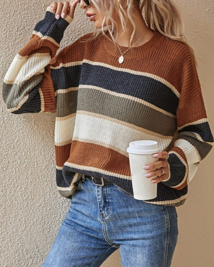 Contrast Stripe Drop Shoulder Knit Sweater - Dark-Brown - 1