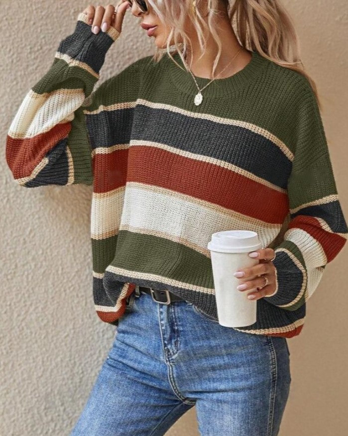 Contrast Stripe Drop Shoulder Knit Sweater - Dark-Green