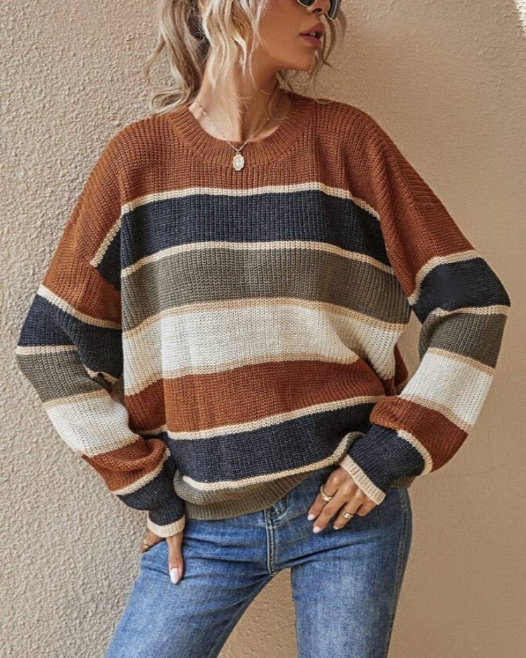 Contrast Stripe Drop Shoulder Knit Sweater