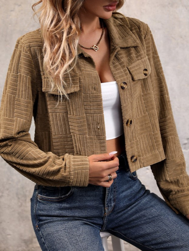 Cropped Corduroy Jacket With Flap Pockets - Khaki - 1