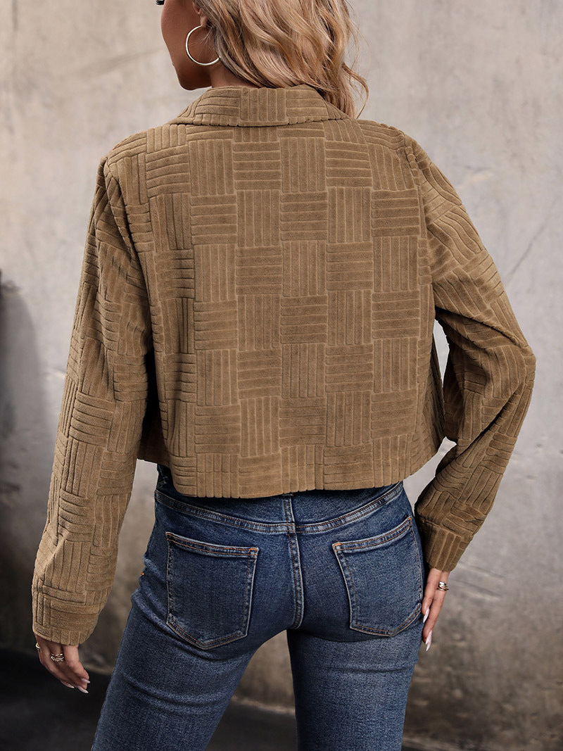 Cropped Corduroy Jacket With Flap Pockets - Khaki - 5