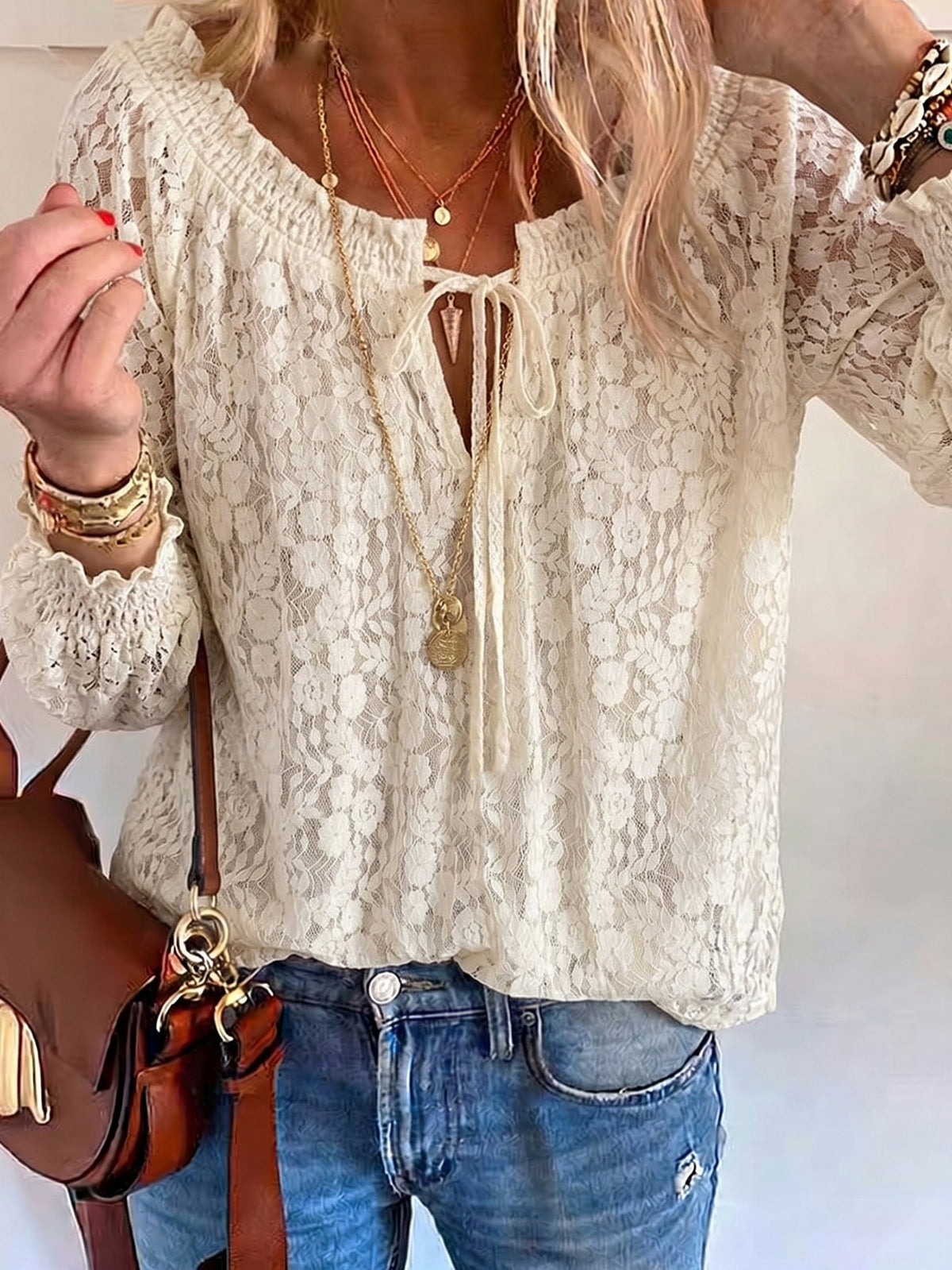 Boho Sheer Lace Tie Front Blouse - Apricot