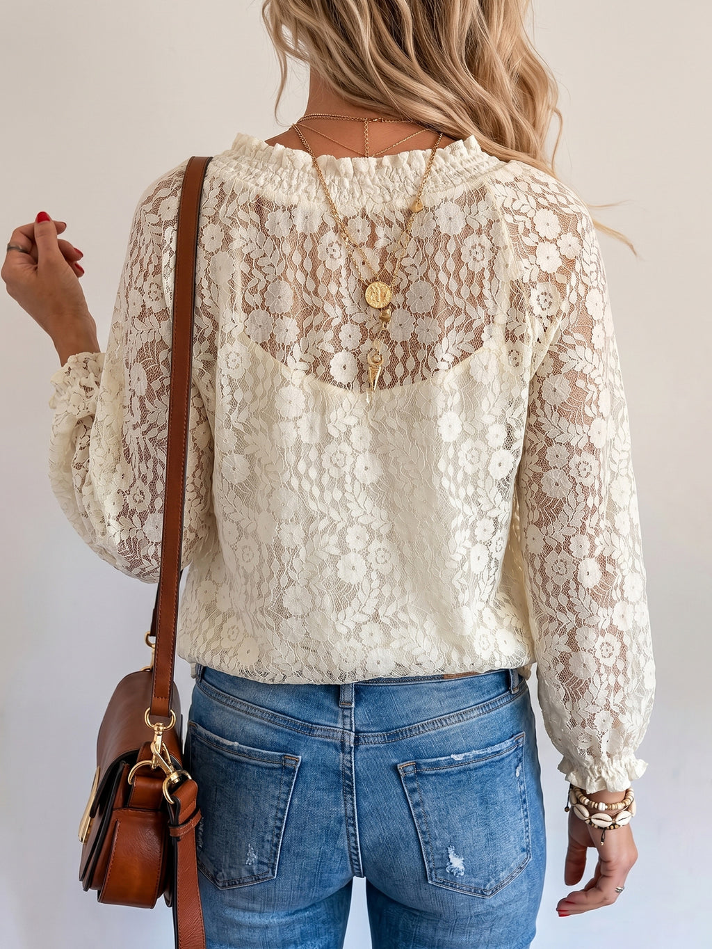 Boho Sheer Lace Tie Front Blouse - Apricot - 1