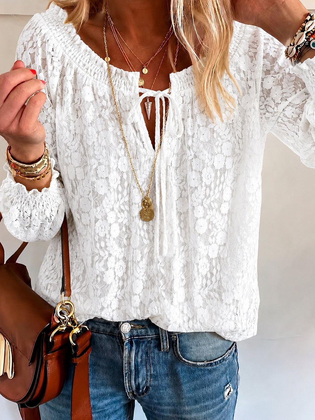 Boho Sheer Lace Tie Front Blouse - White