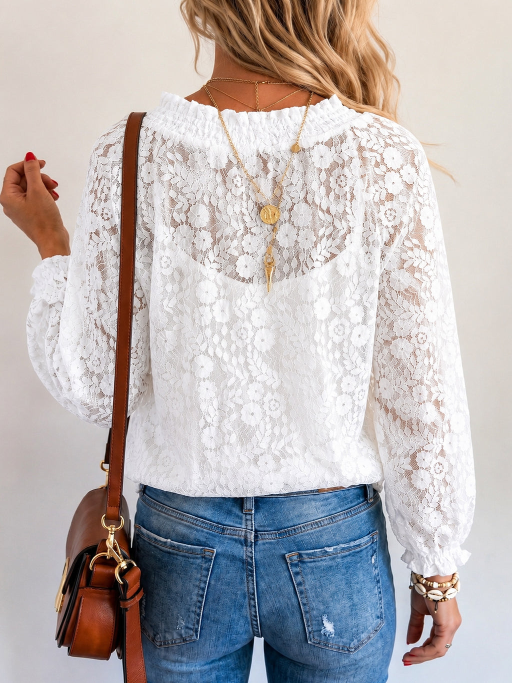 Boho Sheer Lace Tie Front Blouse - White - 1