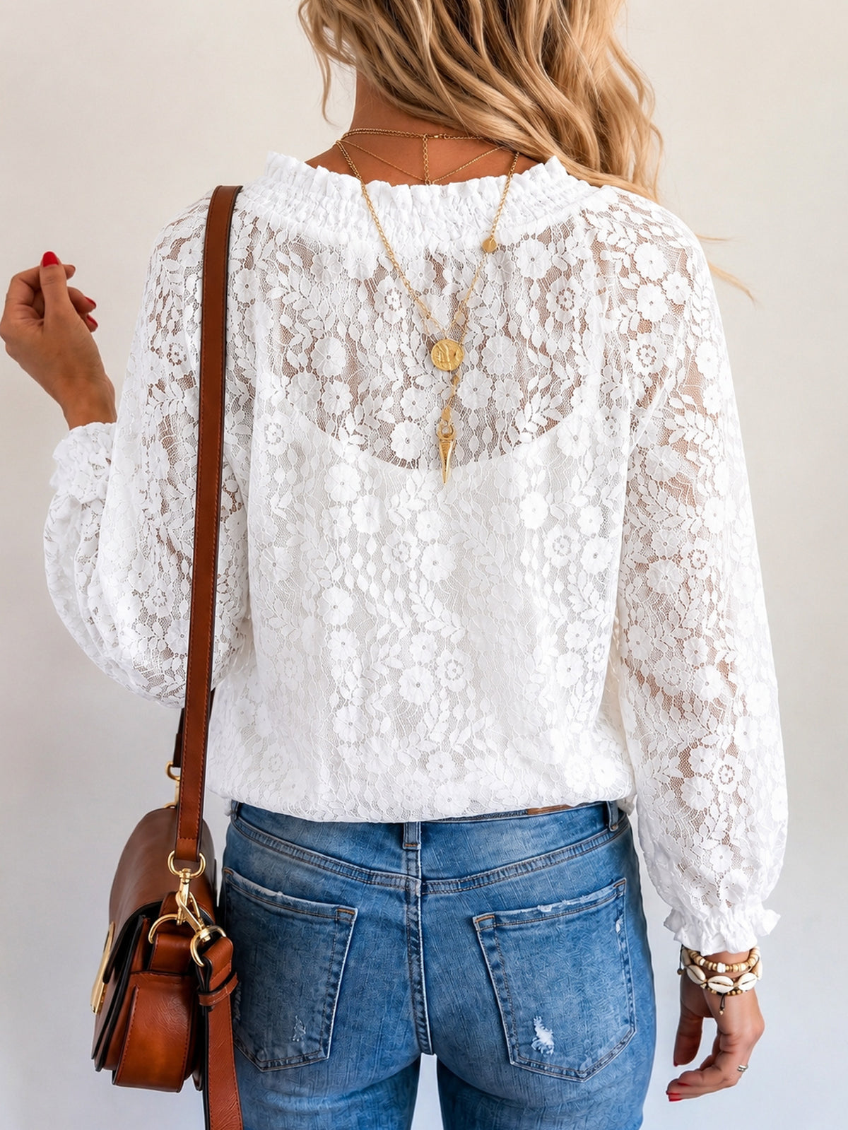 Boho Sheer Lace Tie Front Blouse - White - 1