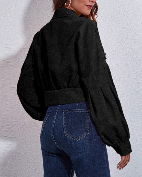 Cropped Corduroy Lantern Sleeve Jacket - Black