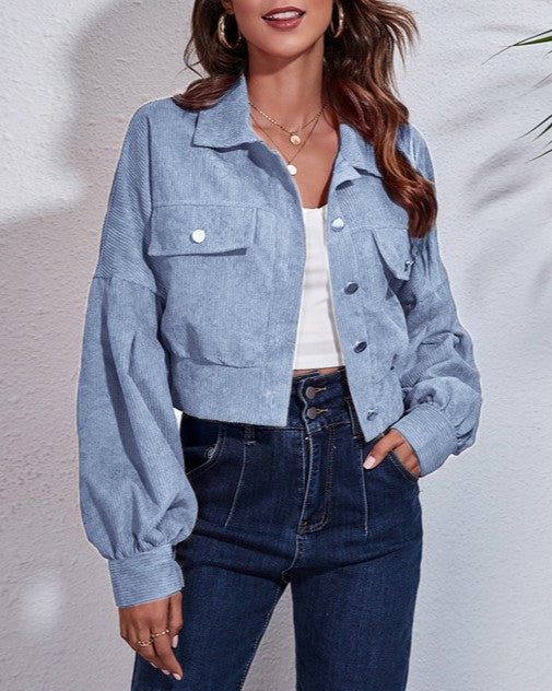 Cropped Corduroy Lantern Sleeve Jacket - Blue