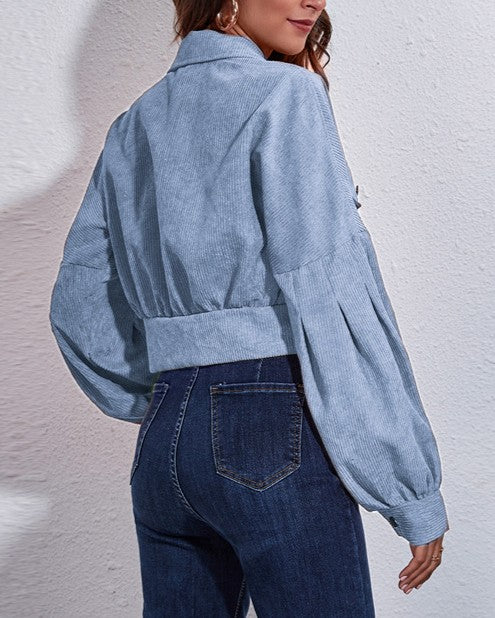 Cropped Corduroy Lantern Sleeve Jacket - Blue - 2