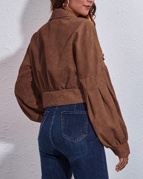 Cropped Corduroy Lantern Sleeve Jacket - Caramel