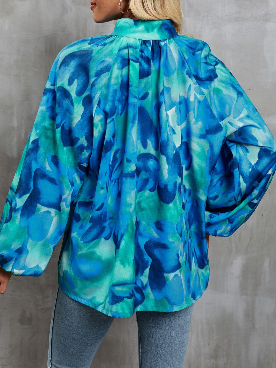 Abstract Print Balloon Sleeve Button Up Shirt - Blue - 1