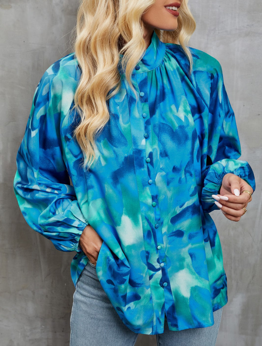 Abstract Print Balloon Sleeve Button Up Shirt - Blue - 2