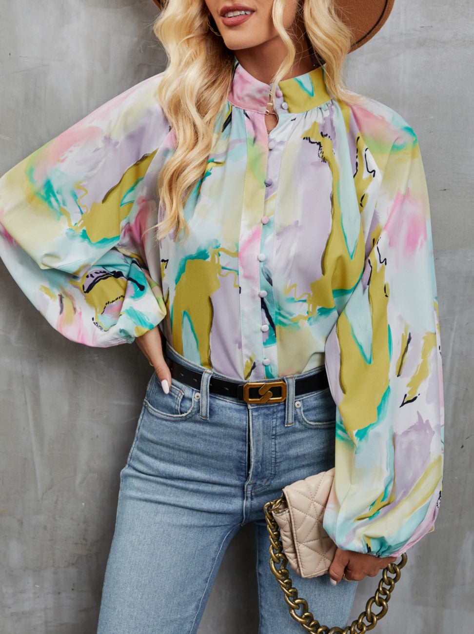 Abstract Print Balloon Sleeve Button Up Shirt - Green
