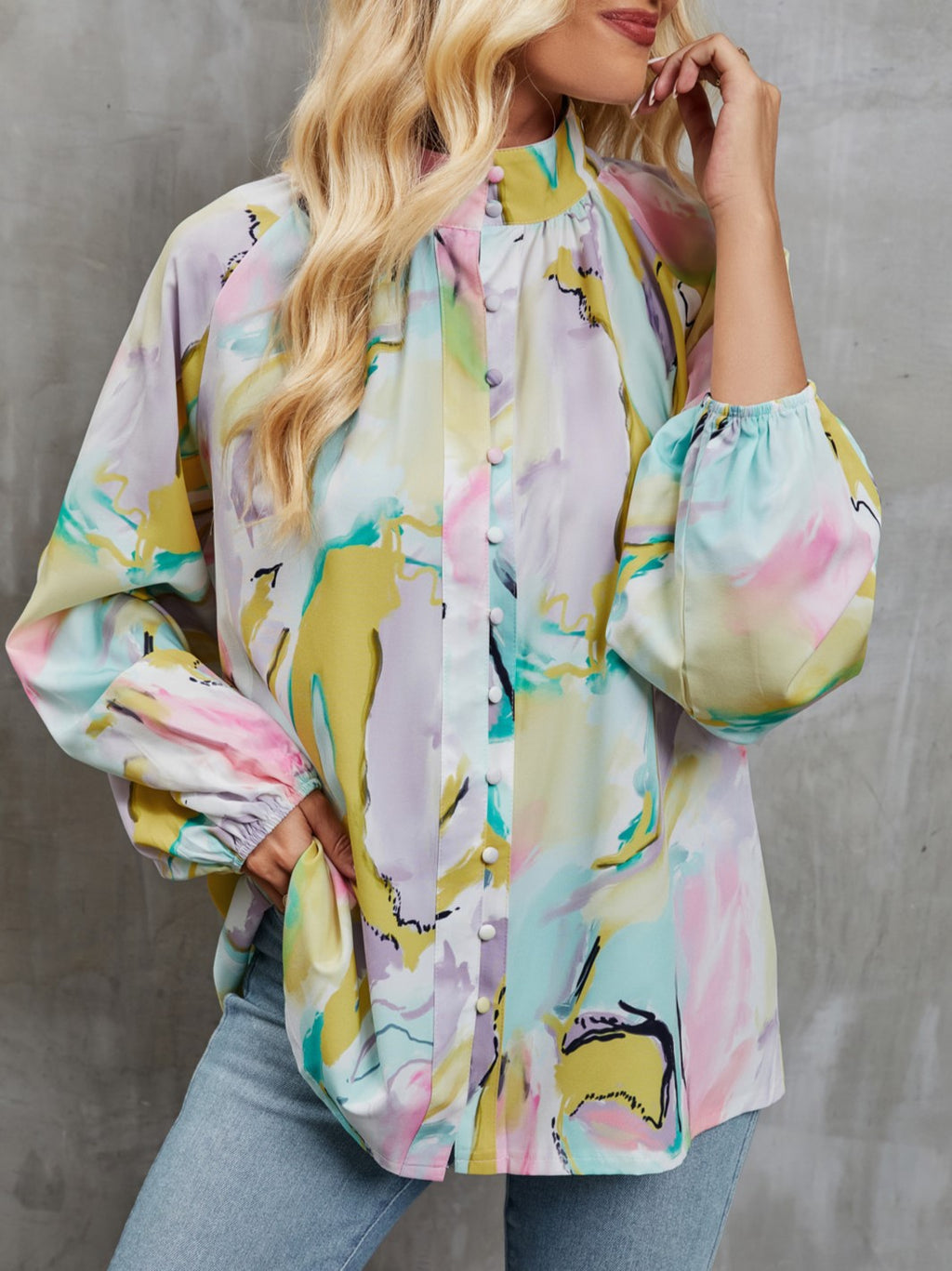 Abstract Print Balloon Sleeve Button Up Shirt - Green - 1