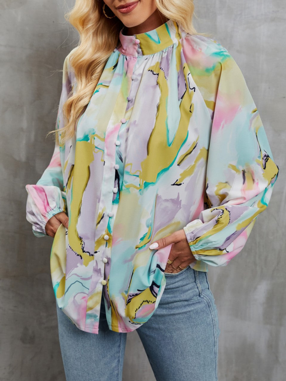 Abstract Print Balloon Sleeve Button Up Shirt - Green - 2