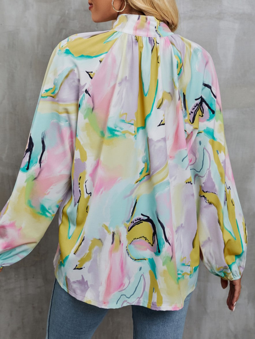 Abstract Print Balloon Sleeve Button Up Shirt - Green - 3
