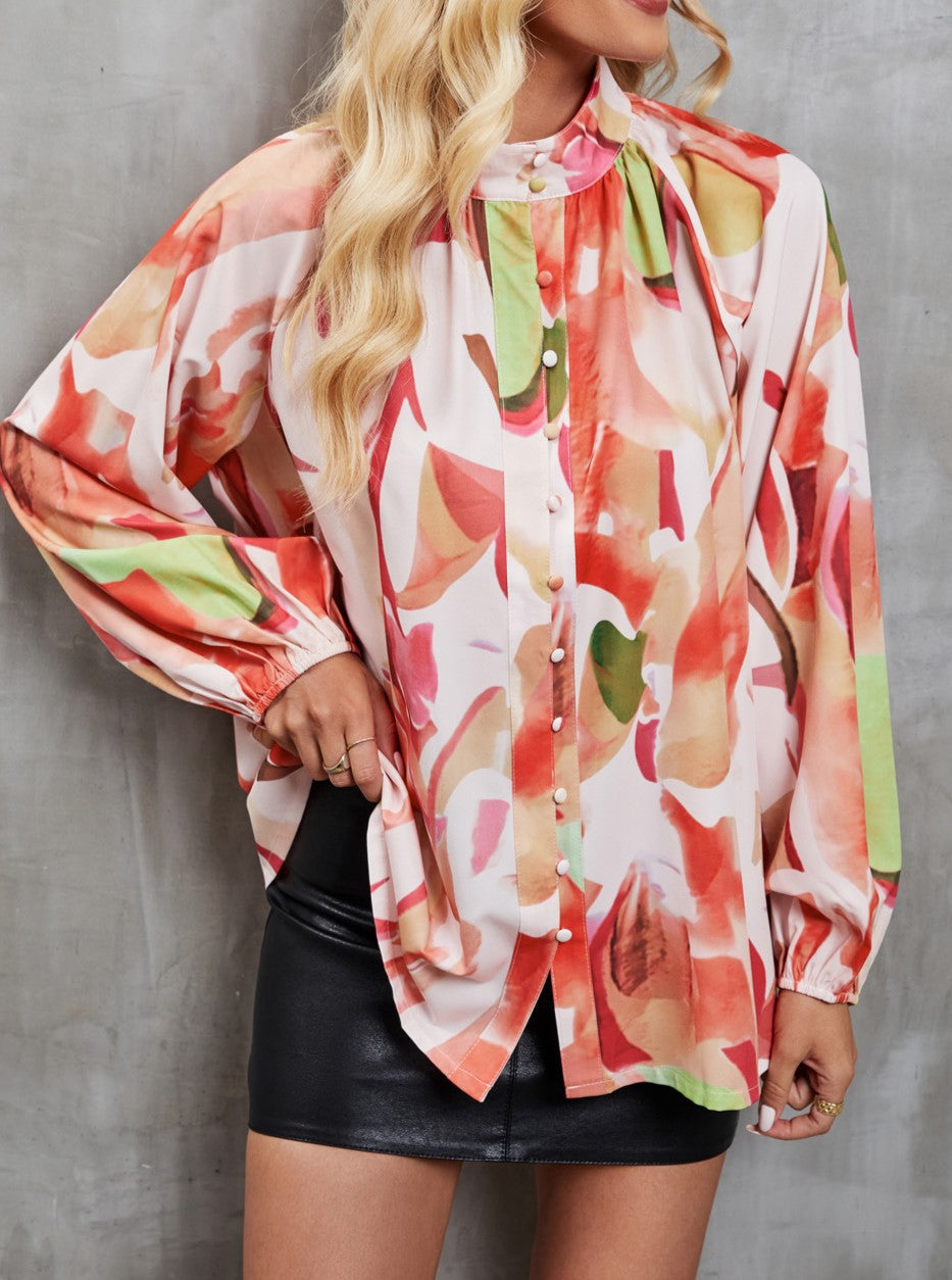 Abstract Print Balloon Sleeve Button Up Shirt - Orange - 2