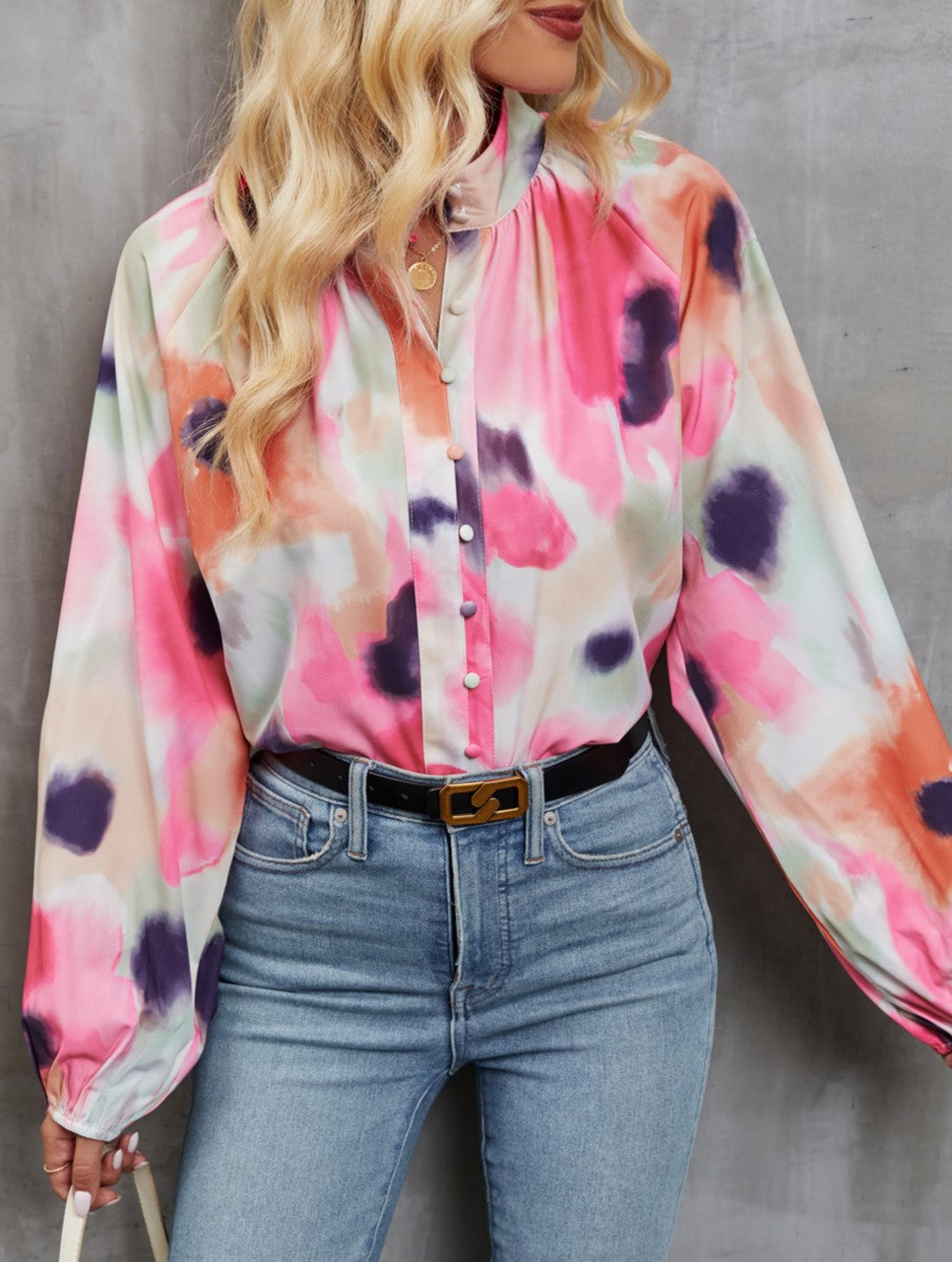 Abstract Print Balloon Sleeve Button Up Shirt - Pink