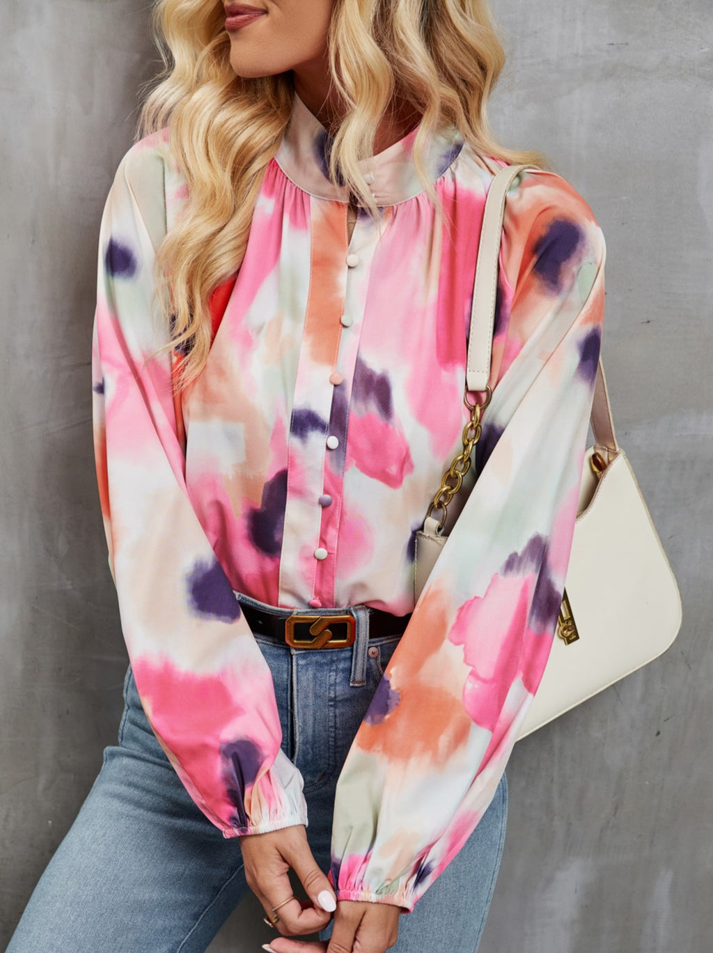 Abstract Print Balloon Sleeve Button Up Shirt - Pink - 1