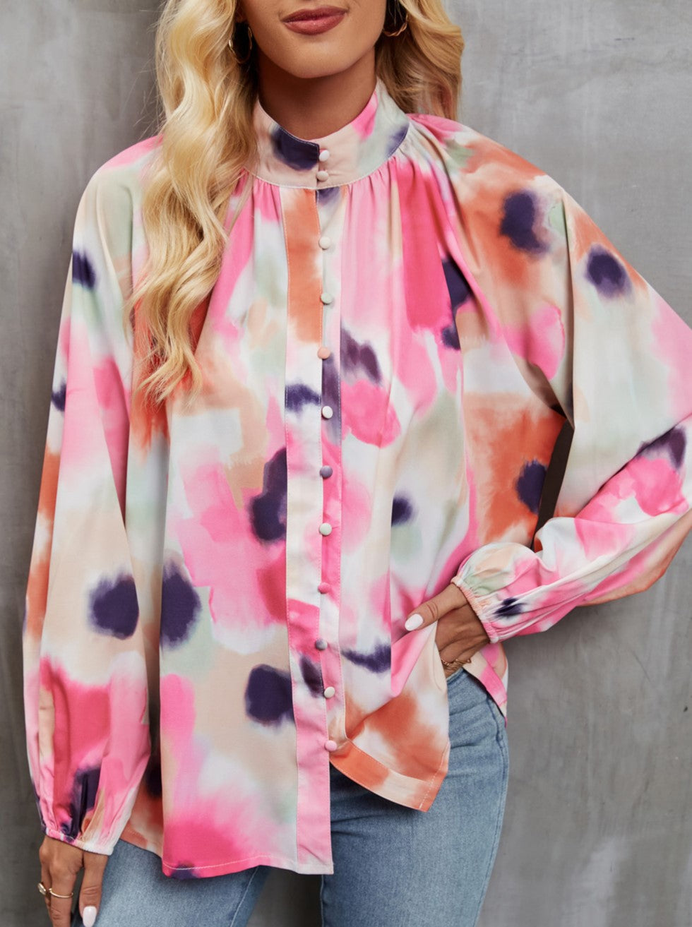 Abstract Print Balloon Sleeve Button Up Shirt - Pink - 2