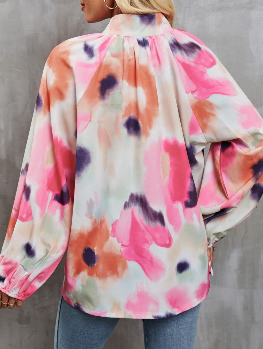Abstract Print Balloon Sleeve Button Up Shirt - Pink - 3