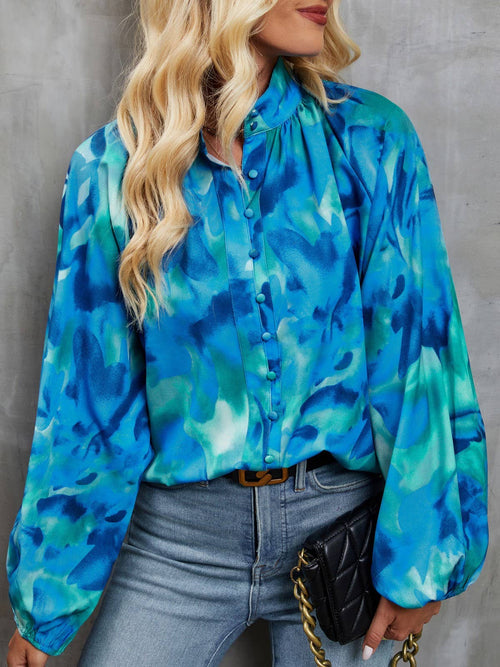 Abstract Print Balloon Sleeve Button Up Shirt