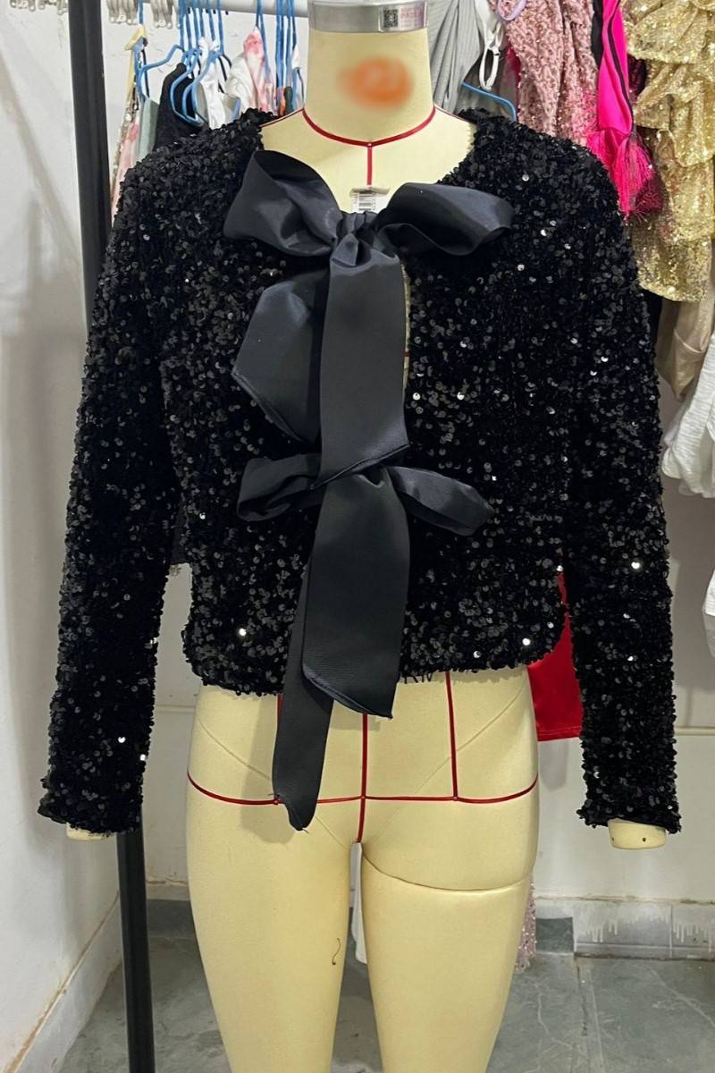 Sequin Bow Tie Front Cropped Cardigan - black